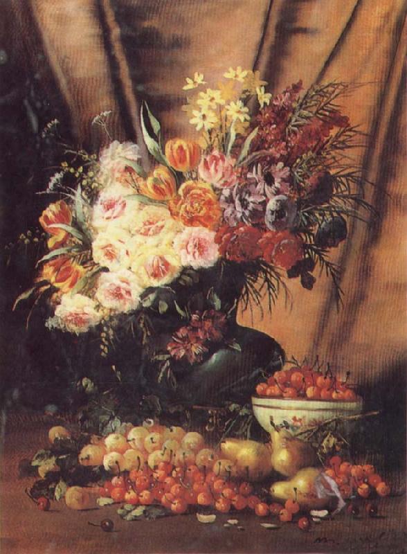 Modeste Carlier A Still life with Assorted Flowers,Cherries Pears and Quince Germany oil painting art